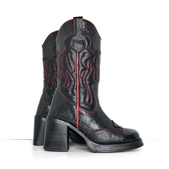 Vintage Destroy Snake Print Square Toe Cowgirl Platform Boots Women’s 40 Shoes - Picture 3 of 11